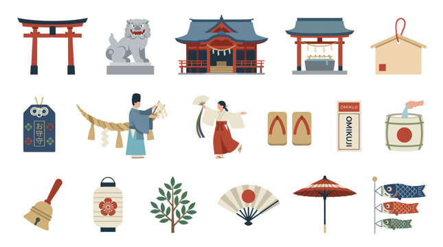Japanese Culture Symbols Icon Set: Shinto Shrine, Torii, Omamori, Kimono Dancer, Festival Objects