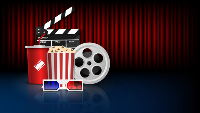 Cinema concept with clapperboard popcorn film reel and 3d glasses on red curtain background