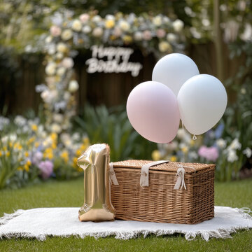 Wicker basket gold balloon pastel balloon picnic rug outdoor garden birthday floral spring celebration cheerful