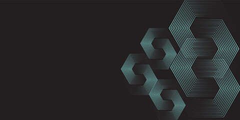 Dynamic turquoise neon hexagonal lines form a striking geometric pattern on a black background, evoking modern technology, futuristic design, and digital aesthetics © Ruddin