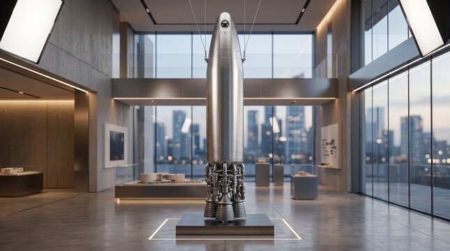 A sleek silver rocket sculpture stands tall on a pedestal in a modern art gallery with a cityscape view through large windows showcasing industry technology.