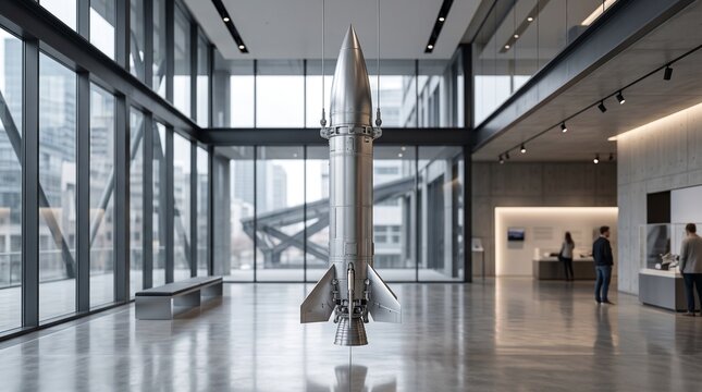 A sleek silver rocket model stands tall in a modern spacious lobby with large windows and a polished floor, surrounded by people near a reception desk.