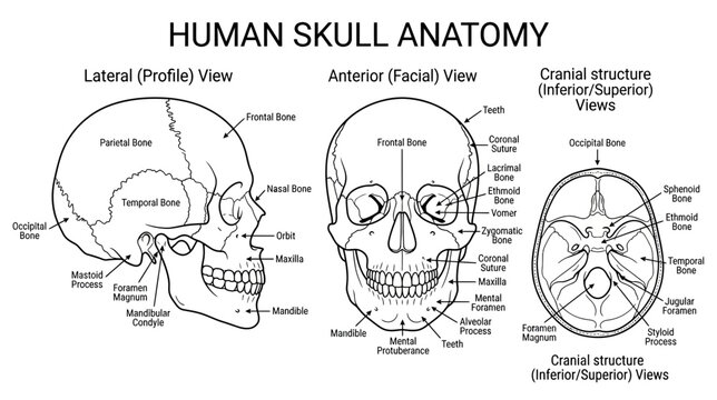 Human Skull Anatomy Diagram: Lateral, Anterior, and Cranial Views