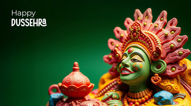Happy Dussehra Greeting with Colorful Goddess Durga Sculpture and Traditional Diya