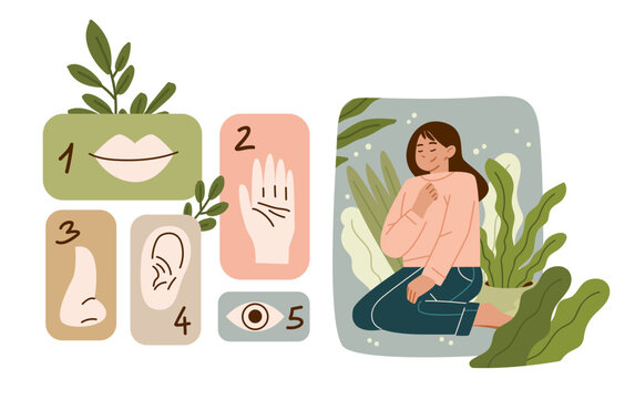5 senses grounding technique anxiety mindfulness calm woman practicing relaxation surrounded by plants hand drawn icons nature soft colors wellness