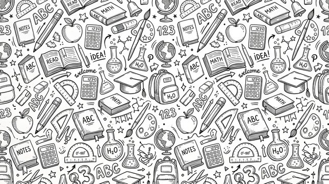 Back to school seamless pattern educational supplies books and science equipment doodle illustration