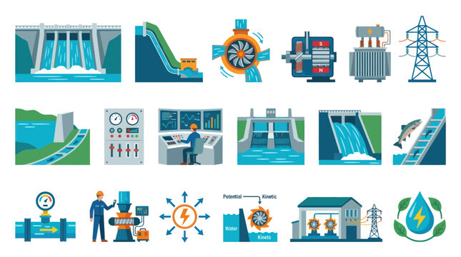 Hydroelectric Power Generation Flat Icons Set, Water Energy Technology