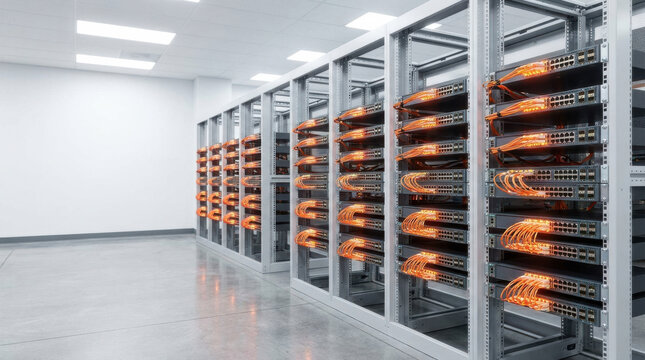 Network switch racks with glowing fiber optic cables in modern data center room with bright lighting and clean floor