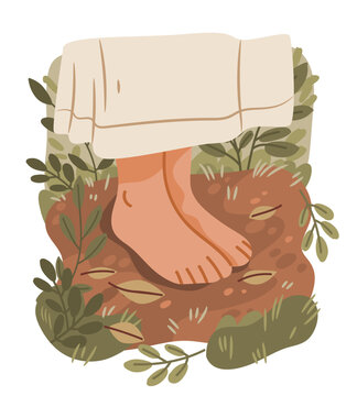 Grounding technique barefoot on earth mental wellness calming nature scene feet touching soil surrounded by green plants soft colors