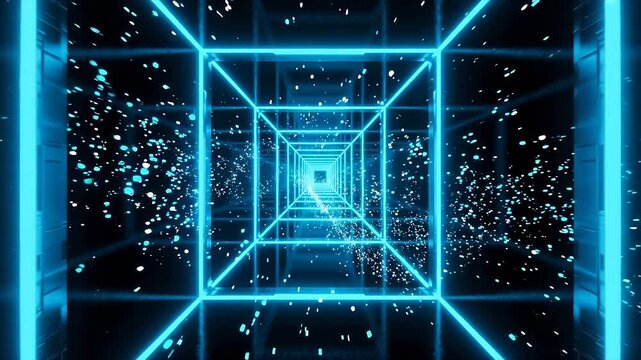 Blue neon cube tunnel in space
