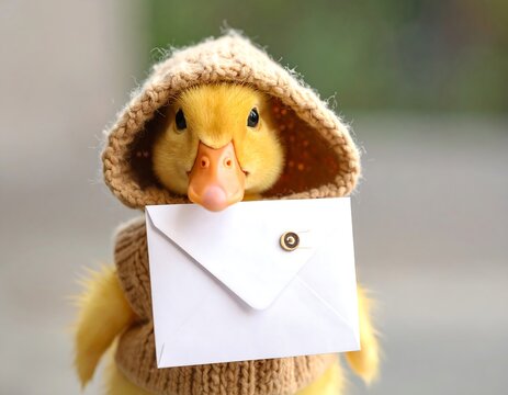 A duckling wearing a hooded sweater holds a white envelope