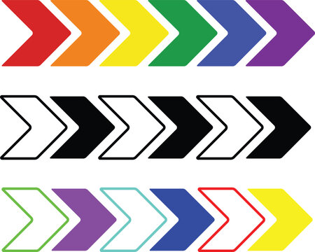 Set of colorful and monochromatic chevron arrow icons arranged in horizontal lines