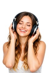 Fototapeta premium Happy young white woman wearing headphones, enjoying music with eyes closed