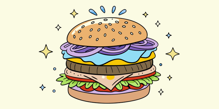 Delicious cheeseburger illustration with fresh ingredients in colorful flat style isolated on light background.
