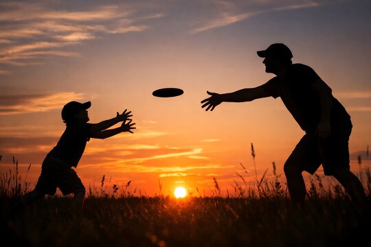 Father and son playing frisbee at sunset silhouette
