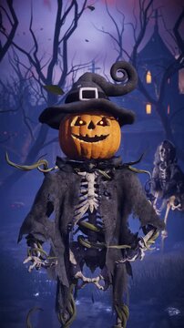 Funny 3D animation of Halloween pumpkin head skeleton talking, scaring and laughing in spooky night cemetery. Humorous talking jack o lantern character gesturing in scary foggy graveyard.