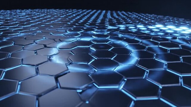 Dark blue hexagonal grid pattern with glowing neon outlines pulsing in a digital data sequence