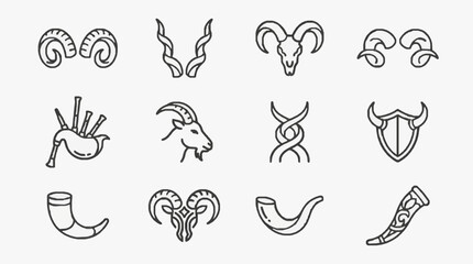 Fototapeta premium Professional Black and White Line Drawing Set of Various Ram and Goat Horns and Heads Symbols with high quality professional line art symbols for modern creative design and digital branding projects