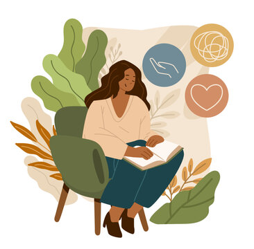 Anxiety therapy mental health woman reading book calming icons plants abstract background wellness concept website banner