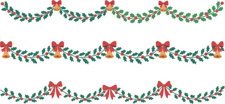 Christmas garland vector borders with holly leaves, red bows, and golden bells for festive frames
