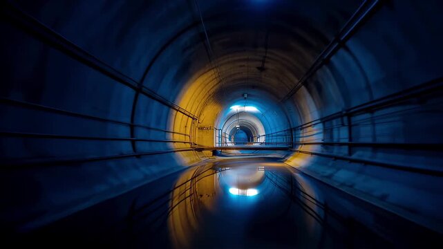 Empty underground tunnel with water reflections. Dark abandoned subterranean corridor with diminishing perspective. Industrial infrastructure architecture, urban exploration.