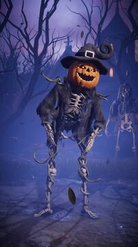 Funny 3D animation of Halloween pumpkin head skeleton talking, scaring and laughing in spooky night cemetery. Humorous talking jack o lantern character gesturing in scary foggy graveyard.