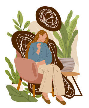 Anxiety therapy mental health woman sitting chair overwhelmed emotions abstract tangled lines indoor plants calming atmosphere