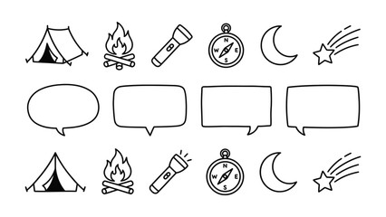 Camping Icons Set: A collection of hand-drawn black and white icons representing camping essentials, including tents, campfires, flashlights, compasses, moons, shooting stars, and speech bubbles. © Shafiq