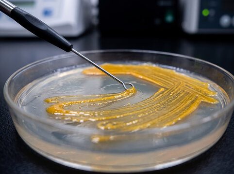 An inoculating loop touching yellow bacterial colonies growing on agar media inside a petri dish