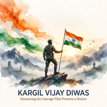 Celebrating kargil vijay diwas, Watercolor illustration of a soldier holding a flag on a mountain peak with text with standing rocky mountain style illustration background with typography