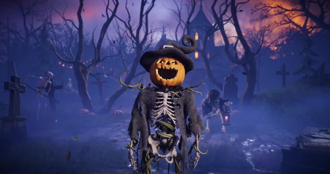 Funny 3D animation of Halloween pumpkin head skeleton talking, scaring and laughing in spooky night cemetery. Humorous talking jack o lantern character gesturing in scary foggy graveyard.
