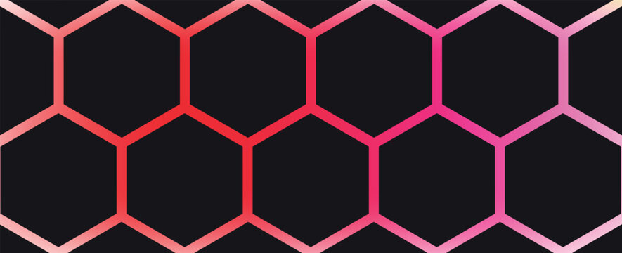 Dark hexagon abstract technology background with red and pink colored bright flashes under hexagon. Hexagonal gaming vector tech illustration black abstract background.
