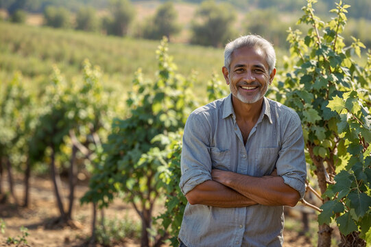 Portrait of happy Arabian winemaker standing on blurred vineyard background