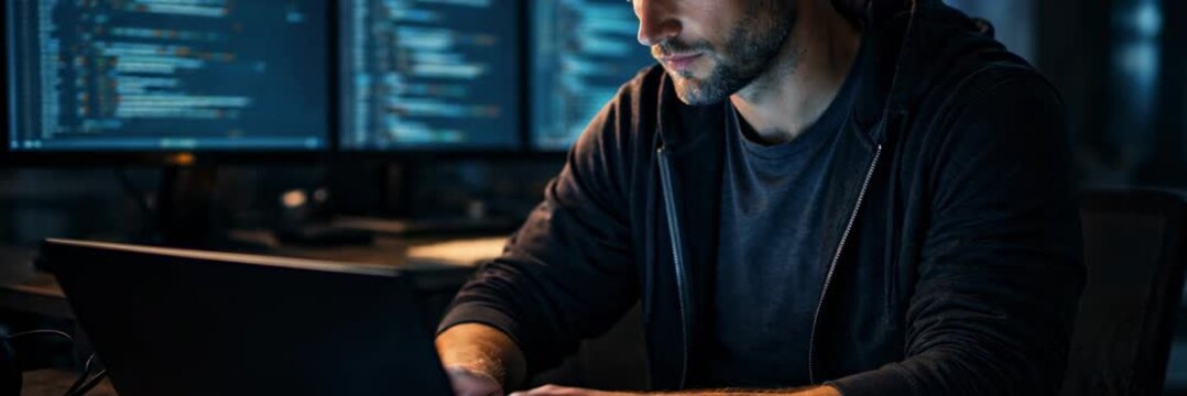 Cybersecurity specialist monitoring code and digital threats in a dark control room, technology and data protection website banner