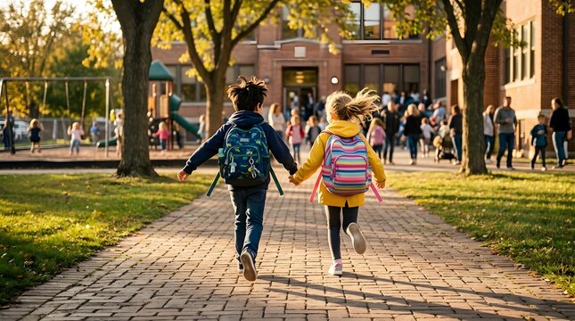 Back to school two children running hand in hand towards elementary school with backpacks