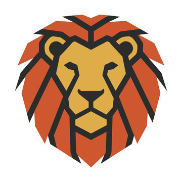 Minimalist icon of a lion head with sharp angular mane segments in bold flat colors isolated on white background, modern animal symbol concept