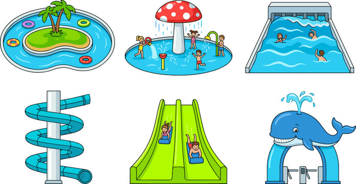 Water park attractions vector illustration set featuring lazy river lazy island mushroom splash pad wave pool spiral slide and whale gate entrance