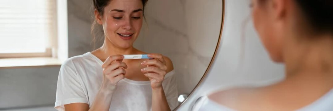 Emotional young woman holding a pregnancy test by the mirror, fertility journey and uncertain motherhood website banner