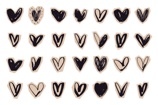 Black Sticker Hearts in Hand Drawn Style. Scrapbook abstract love romance vector illustration with grunge texture. Romantic design graphic element with bulky brush lines perfect for cards, print, bann