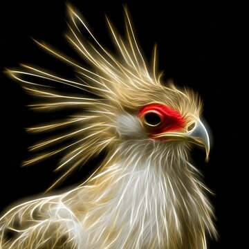 Illustration shows a secretary bird face with radiant crest feathers, red eye patch, and a white and gold color scheme against a black background.