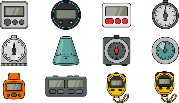 Kitchen timer and stopwatch vector illustration set featuring digital countdown timers mechanical dial dials sports stopwatches chess clock and retro egg timer