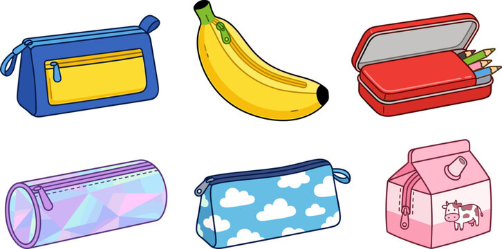 Cute pencil case and pouch vector illustration set featuring novelty banana shape milk carton cloud pattern holographic cylinder and red metal tin box