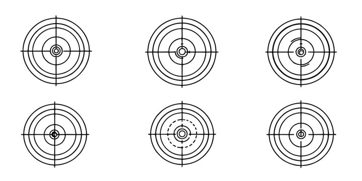 Targets set with six 2x3 grid designs featuring concentric circles, crosshairs, dots with minimal black and white vector lines and symmetry