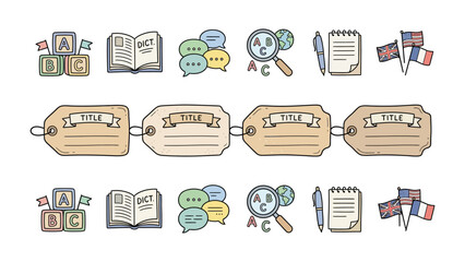 Language Learning Icons: A collection of whimsical, hand-drawn icons representing language learning, including ABC blocks, an open book, speech bubbles, a magnifying glass, a notebook. © Shafiq