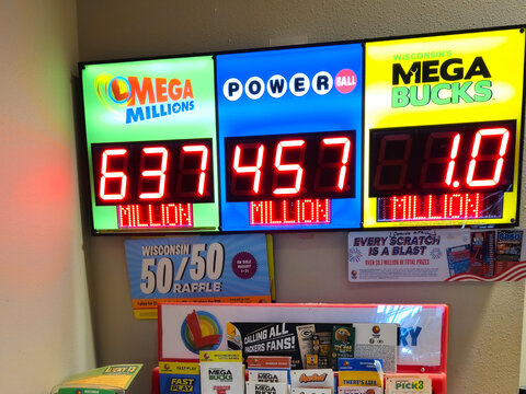 Digital lottery billboard displaying massive multi-million dollar jackpot estimations for Mega Millions and Powerball games at Wisconsin, USA a retail store on July 11, 2026.