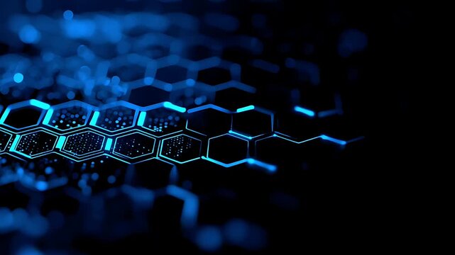 Abstract digital background with glowing blue hexagonal patterns and data connection lines.