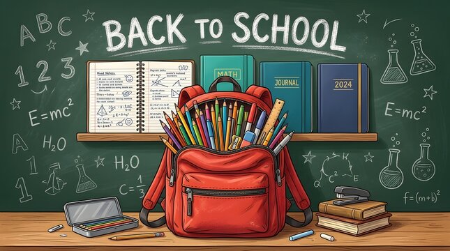 Back to school supplies still life red backpack textbooks and academic elements on chalkboard background