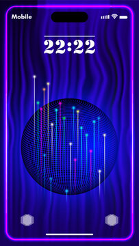 Vector abstract dark wavy deep blue smartphone screen. Pink glowing frame. 3D sphere with colorful meteors or comets. Vertical depth azure background or wallpaper. Display, touchscreen