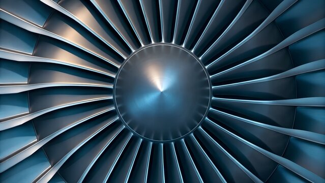 Close up view of modern airplane jet engine turbine blades with aircraft, aviation