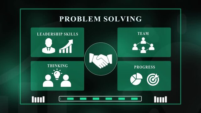 Problem solving concept infographic background with leadership skills, team network, thinking, handshake, and progress icons on a green digital interface